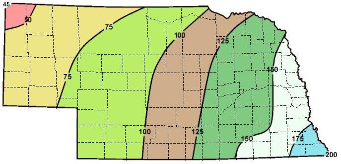 color coded map of average R values in Nebraska