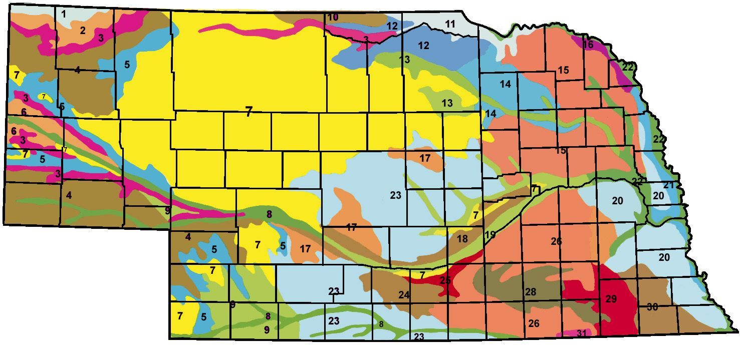 Color coded map showing soil type in Nebraska